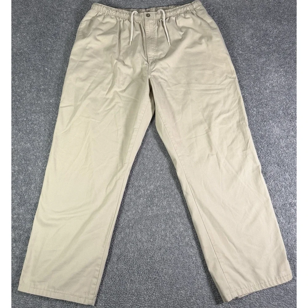 Vintage Lands End Pants Mens 36x29 Beige Elastic Waist Drawstring Chino USA Made